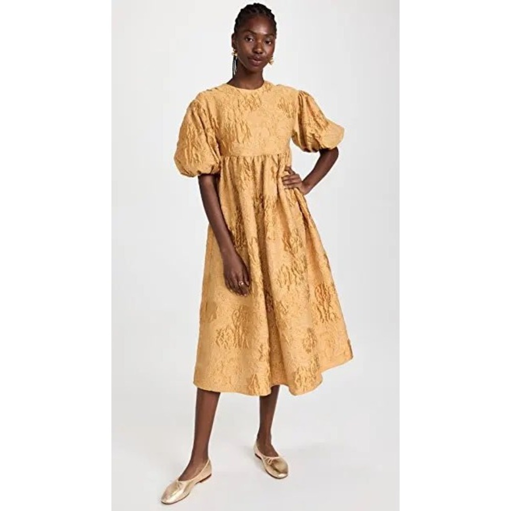 Rhode Ruth Yellow Floral Jacquard Puff Sleeve Empire Waist Midi Dress Medium